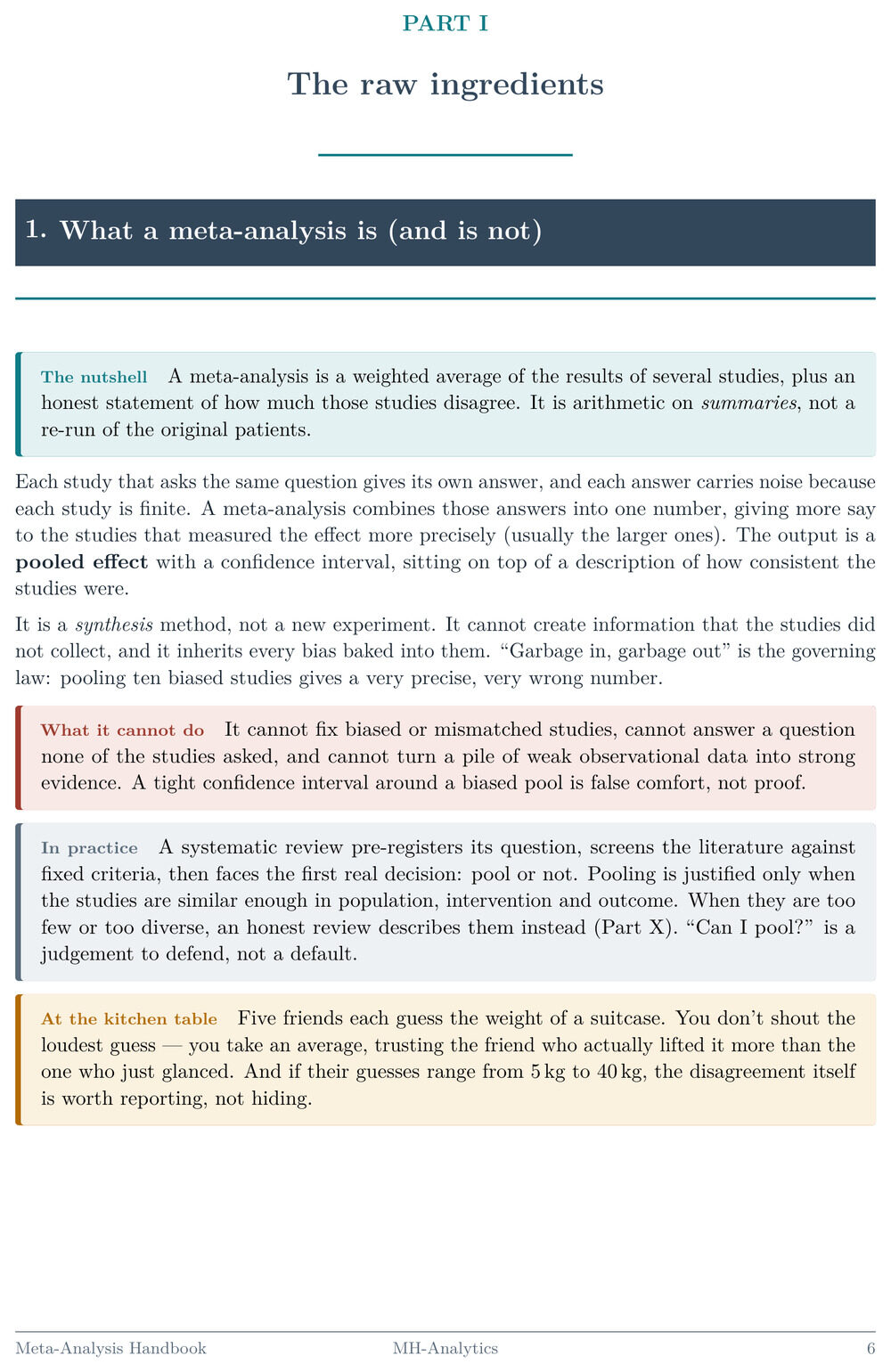 Handbook page 1: "What a meta-analysis is (and is not)" — nutshell, limits, in-practice, and kitchen-table analogy boxes