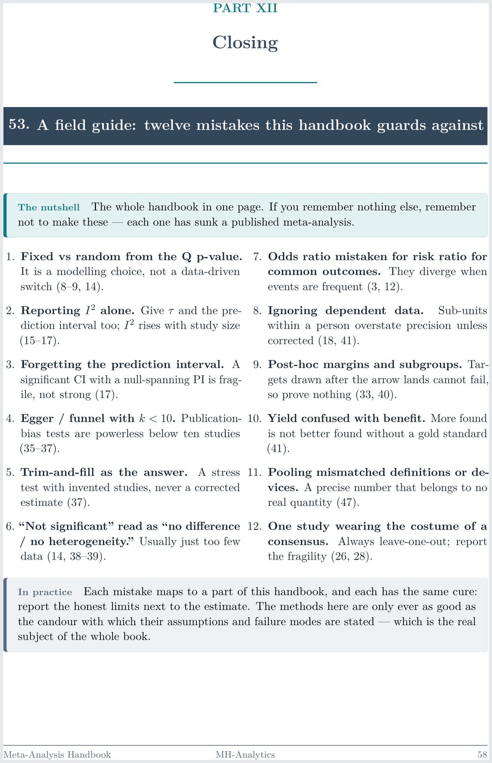 Handbook page 58: "A field guide: twelve mistakes this handbook guards against" — a two-column checklist of common meta-analysis errors